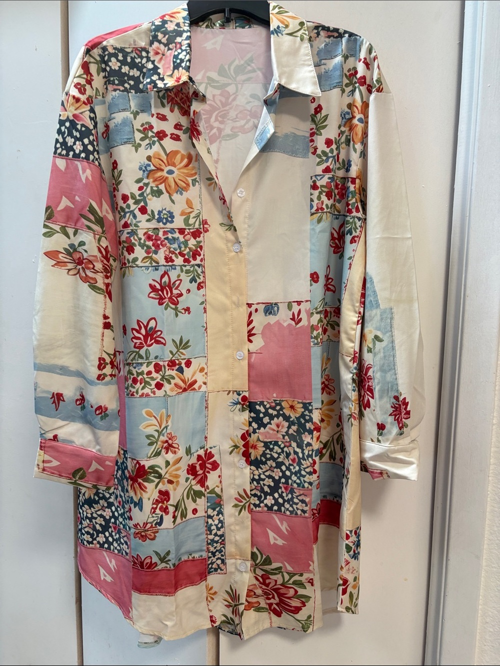 Patchwork Floral Longline Button-Down Jacket - Cream & Pink